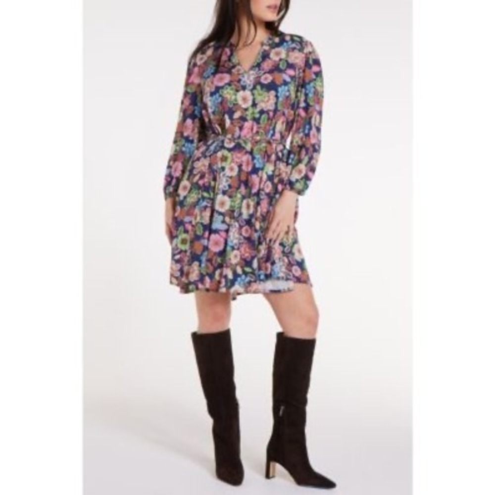 Hermoza Gayle Dress Navy Flora Floral V-Neck Belted Viscose Mini Dress Small NWT